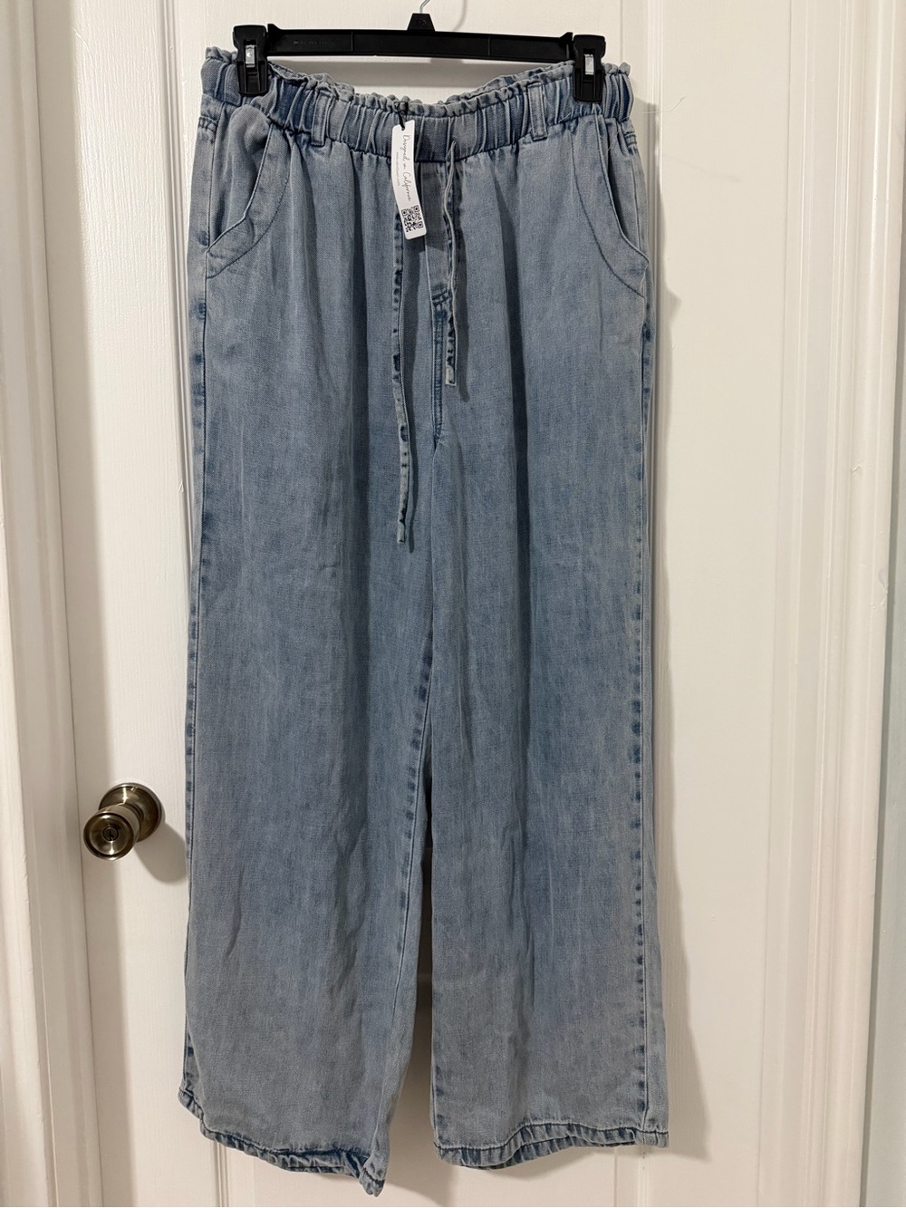 Velvet Heart Wide Leg Chambray Trousers Light Wash Elastic Waist L 28” Inseam